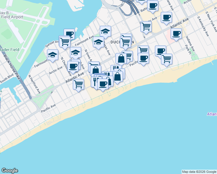 map of restaurants, bars, coffee shops, grocery stores, and more near 2721 Boardwalk in Atlantic City