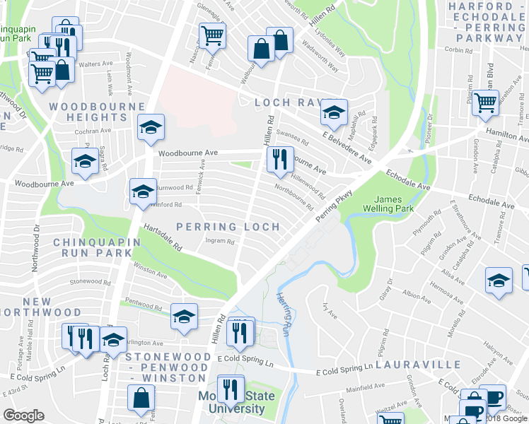 map of restaurants, bars, coffee shops, grocery stores, and more near 1804 Winford Road in Baltimore