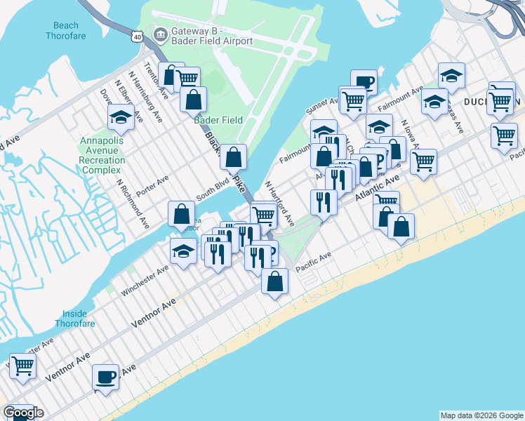 map of restaurants, bars, coffee shops, grocery stores, and more near 37 North Albany Avenue in Atlantic City