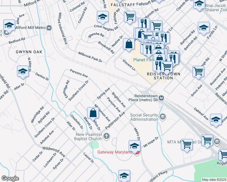 map of restaurants, bars, coffee shops, grocery stores, and more near 6625 Brighton Avenue in Baltimore