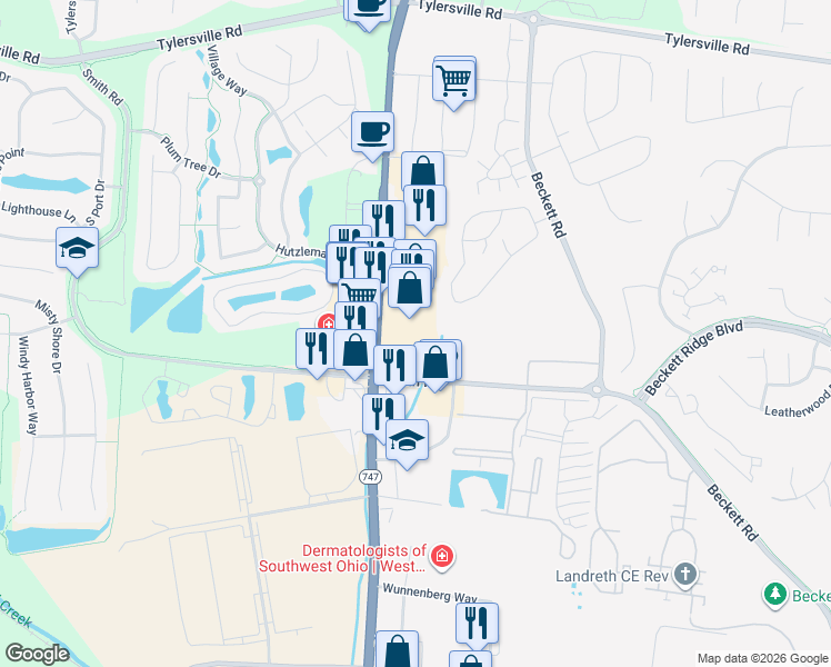 map of restaurants, bars, coffee shops, grocery stores, and more near 8238 Princeton Glendale Road in Beckett Ridge