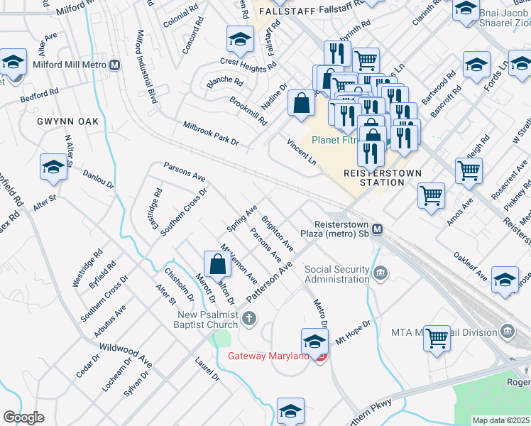 map of restaurants, bars, coffee shops, grocery stores, and more near 6625 Brighton Avenue in Baltimore