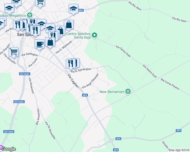 map of restaurants, bars, coffee shops, grocery stores, and more near Via Degli Asfodeli in San Sperate