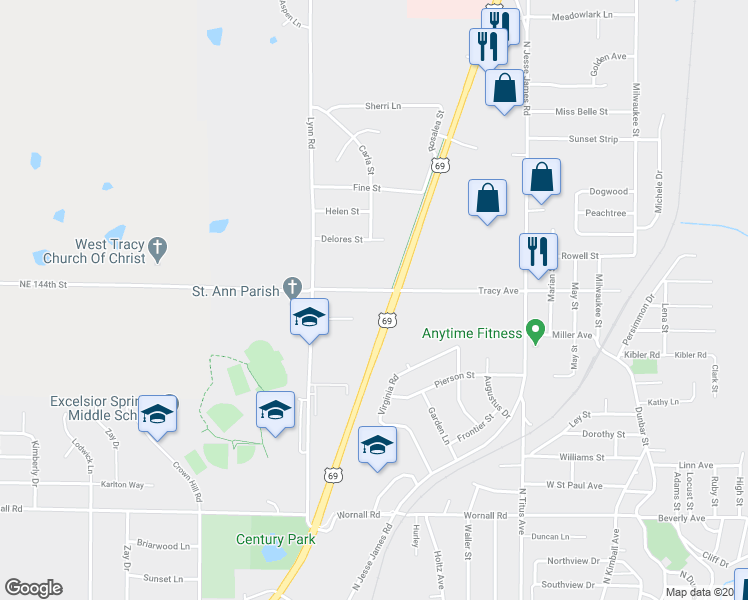 map of restaurants, bars, coffee shops, grocery stores, and more near 1301 Tracy Ave in Excelsior Springs