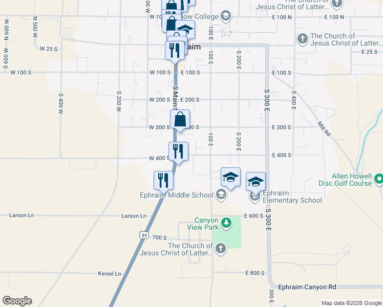 map of restaurants, bars, coffee shops, grocery stores, and more near 415 South Main Street in Ephraim