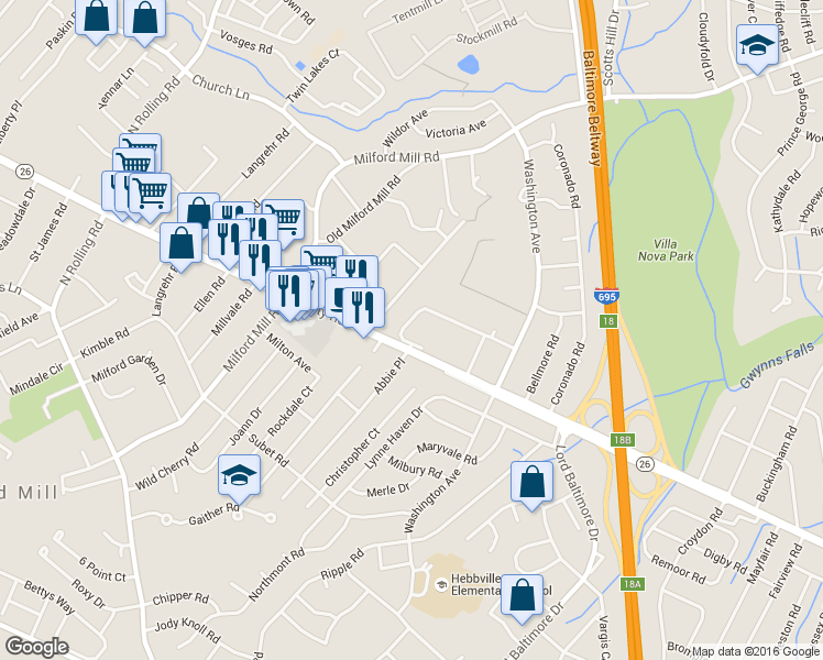 map of restaurants, bars, coffee shops, grocery stores, and more near 7910 Dunhill Village Circle in Baltimore