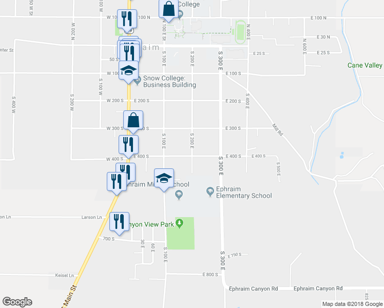 map of restaurants, bars, coffee shops, grocery stores, and more near 199 East 400 South in Ephraim