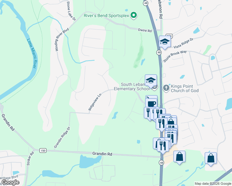 map of restaurants, bars, coffee shops, grocery stores, and more near 375 Ridgeview Lane in Maineville