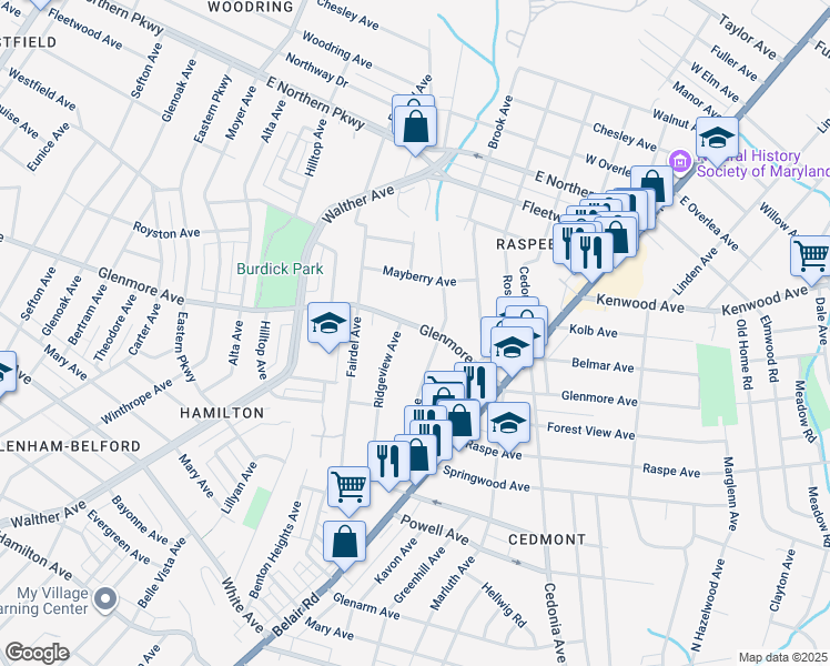 map of restaurants, bars, coffee shops, grocery stores, and more near 3905 Glenmore Avenue in Baltimore