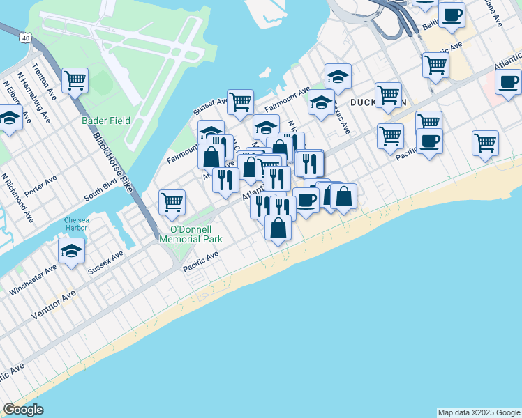 map of restaurants, bars, coffee shops, grocery stores, and more near 6 South Montpelier Avenue in Atlantic City