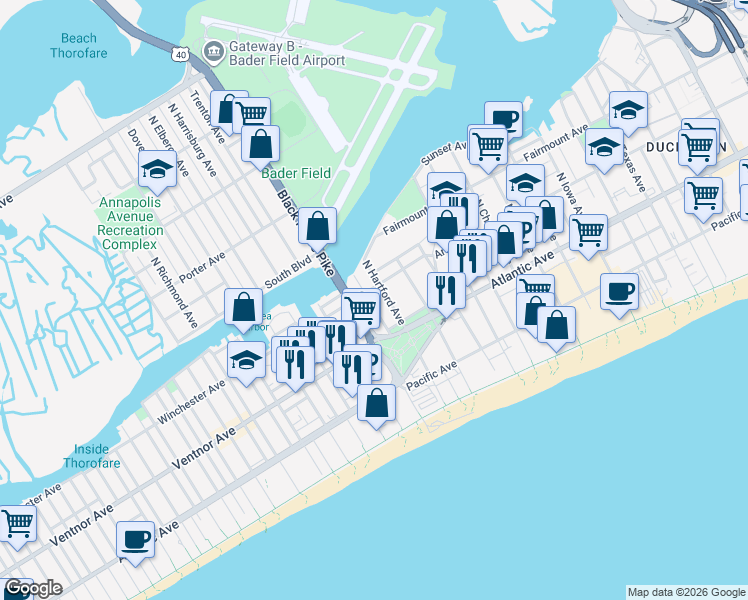 map of restaurants, bars, coffee shops, grocery stores, and more near 37 North Albany Avenue in Atlantic City