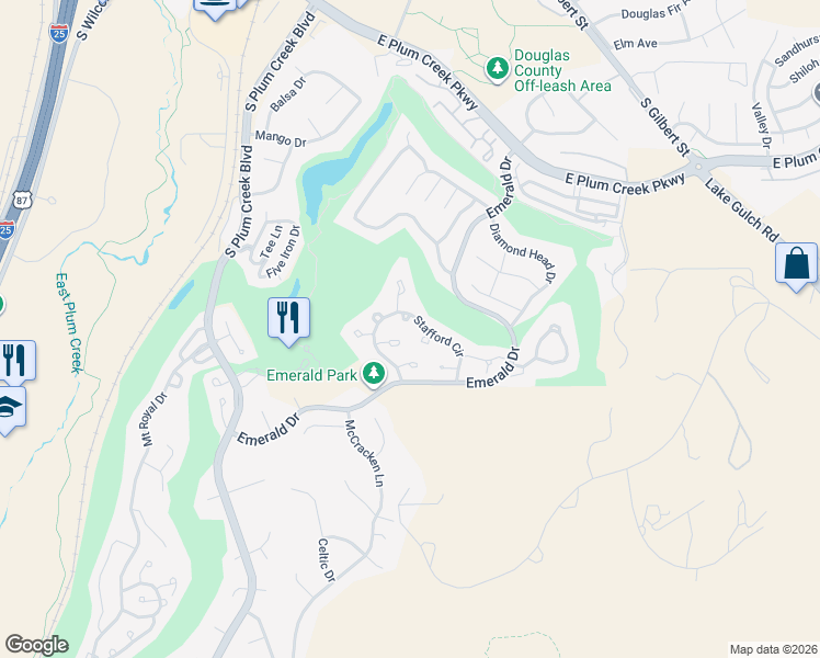 map of restaurants, bars, coffee shops, grocery stores, and more near 588 Stafford Circle in Castle Rock