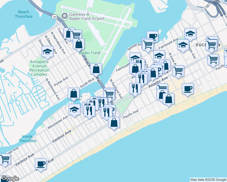 map of restaurants, bars, coffee shops, grocery stores, and more near 37 North Albany Avenue in Atlantic City