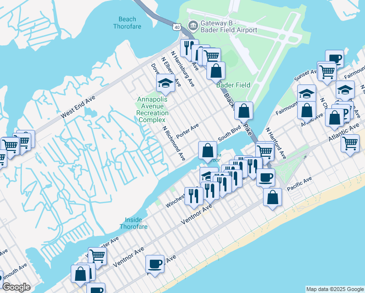 map of restaurants, bars, coffee shops, grocery stores, and more near 4207 Stewart Avenue in Atlantic City