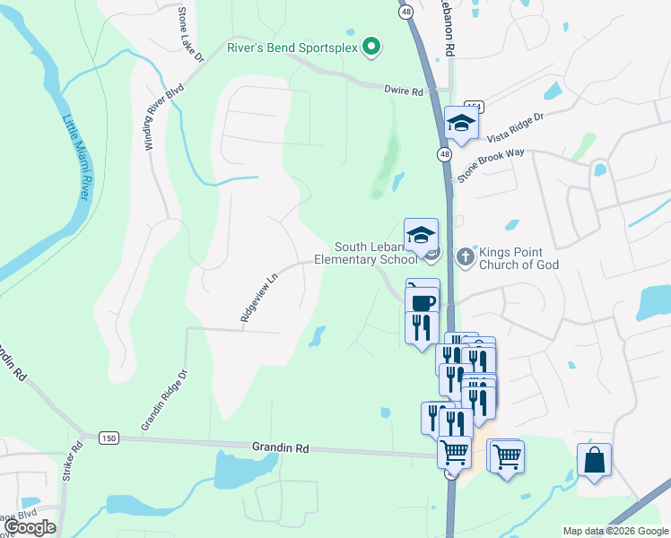 map of restaurants, bars, coffee shops, grocery stores, and more near 375 Ridgeview Lane in Maineville