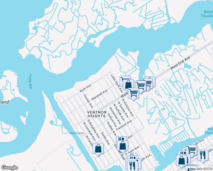 map of restaurants, bars, coffee shops, grocery stores, and more near 723 North Surrey Avenue in Ventnor City