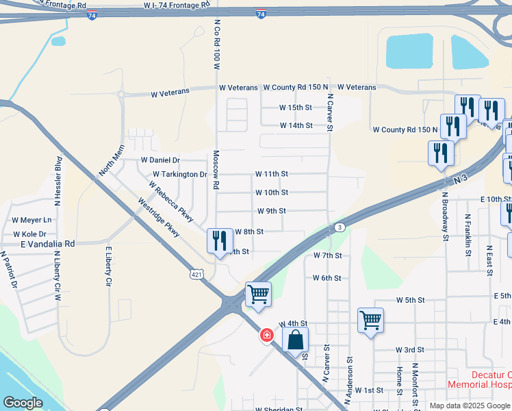 map of restaurants, bars, coffee shops, grocery stores, and more near 1515 North Brandt Street in Greensburg