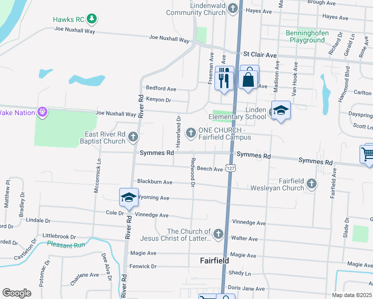 map of restaurants, bars, coffee shops, grocery stores, and more near 456 Symmes Road in Fairfield