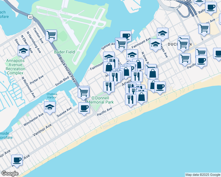 map of restaurants, bars, coffee shops, grocery stores, and more near 1 North Boston Avenue in Atlantic City