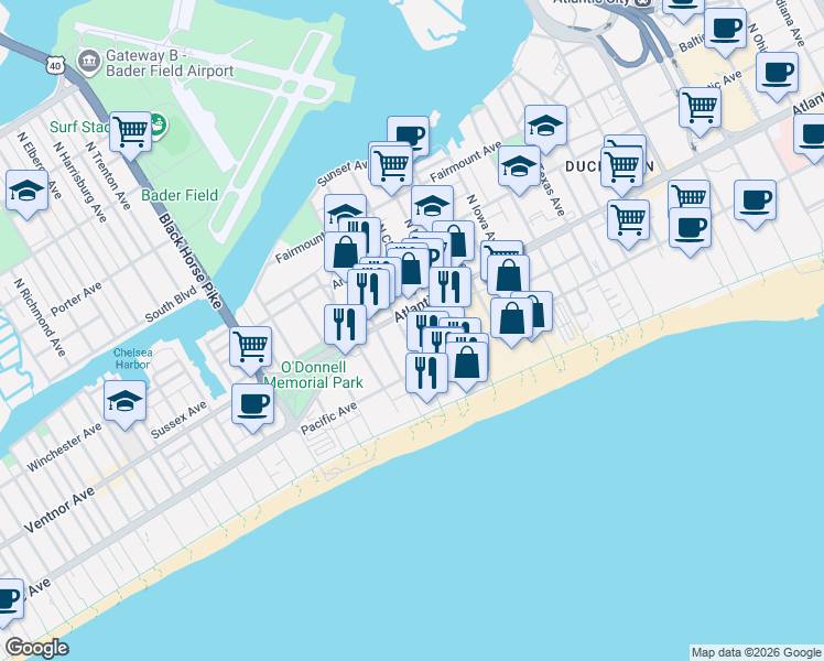 map of restaurants, bars, coffee shops, grocery stores, and more near 6 South Montpelier Avenue in Atlantic City