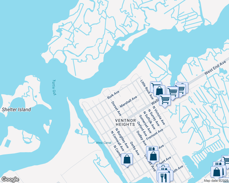 map of restaurants, bars, coffee shops, grocery stores, and more near 800 Burk Court in Ventnor City