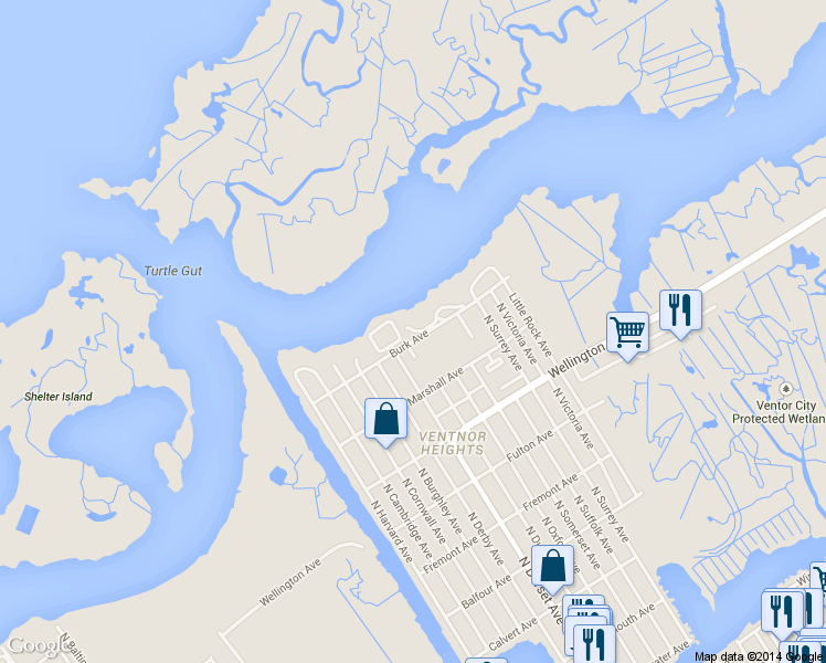 map of restaurants, bars, coffee shops, grocery stores, and more near 800 Burk Court in Ventnor City