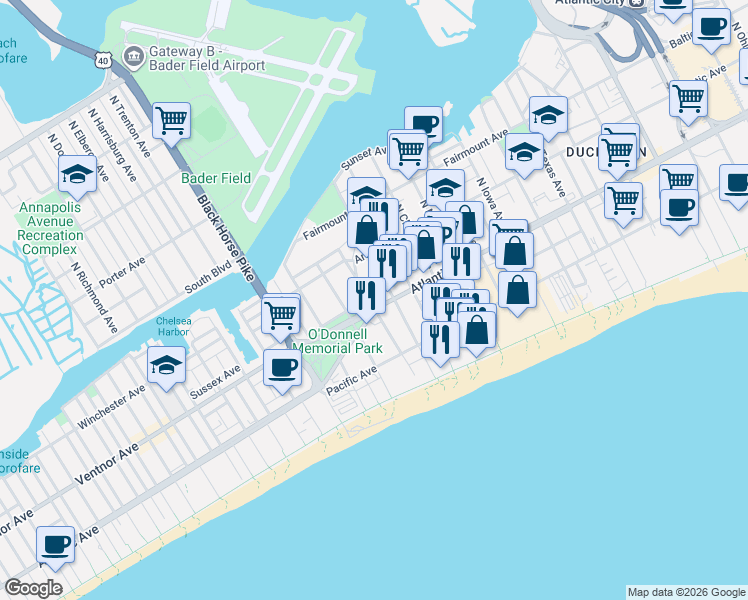 map of restaurants, bars, coffee shops, grocery stores, and more near 3317 Atlantic Avenue in Atlantic City