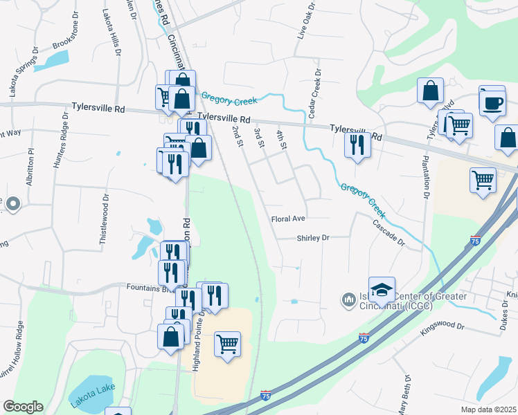 map of restaurants, bars, coffee shops, grocery stores, and more near 7961 2nd Street in Butler County