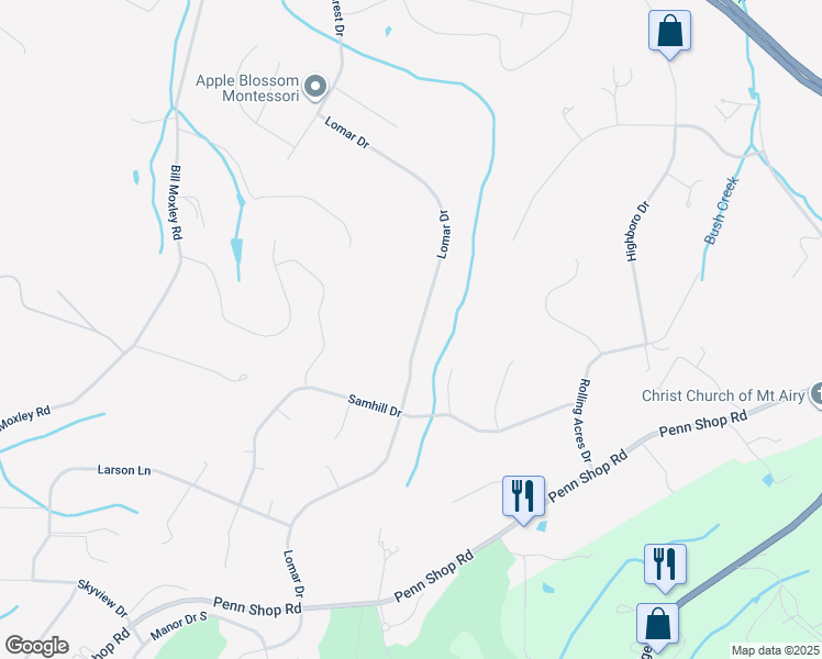 map of restaurants, bars, coffee shops, grocery stores, and more near 4042 Lomar Drive in Mount Airy