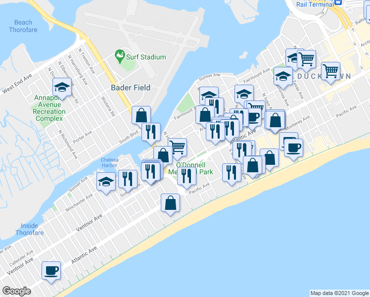 map of restaurants, bars, coffee shops, grocery stores, and more near 3 North Hartford Avenue in Atlantic City