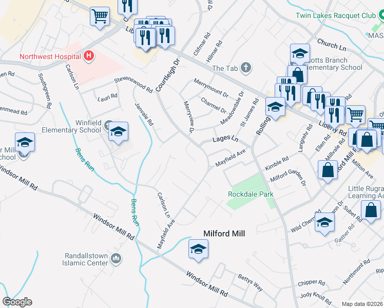 map of restaurants, bars, coffee shops, grocery stores, and more near 8407 Maymeadow Court in Milford Mill