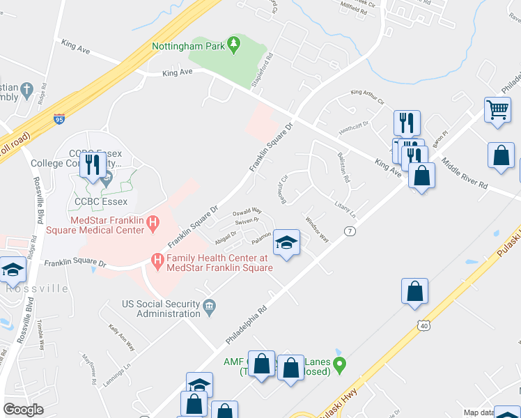 map of restaurants, bars, coffee shops, grocery stores, and more near 9206 Oswald Way in Baltimore