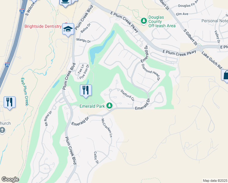 map of restaurants, bars, coffee shops, grocery stores, and more near 548 Stafford Circle in Castle Rock