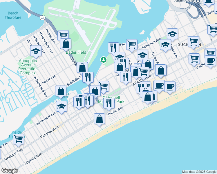 map of restaurants, bars, coffee shops, grocery stores, and more near 3 North Hartford Avenue in Atlantic City