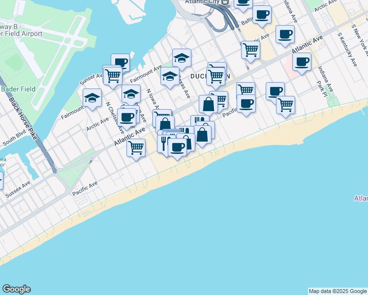 map of restaurants, bars, coffee shops, grocery stores, and more near 2719 Boardwalk in Atlantic City