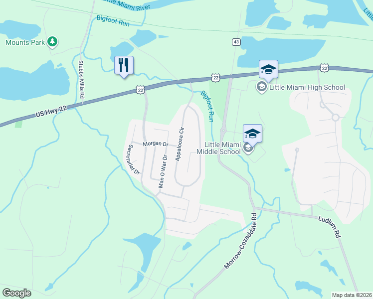 map of restaurants, bars, coffee shops, grocery stores, and more near 5579 Shetland Court in Morrow