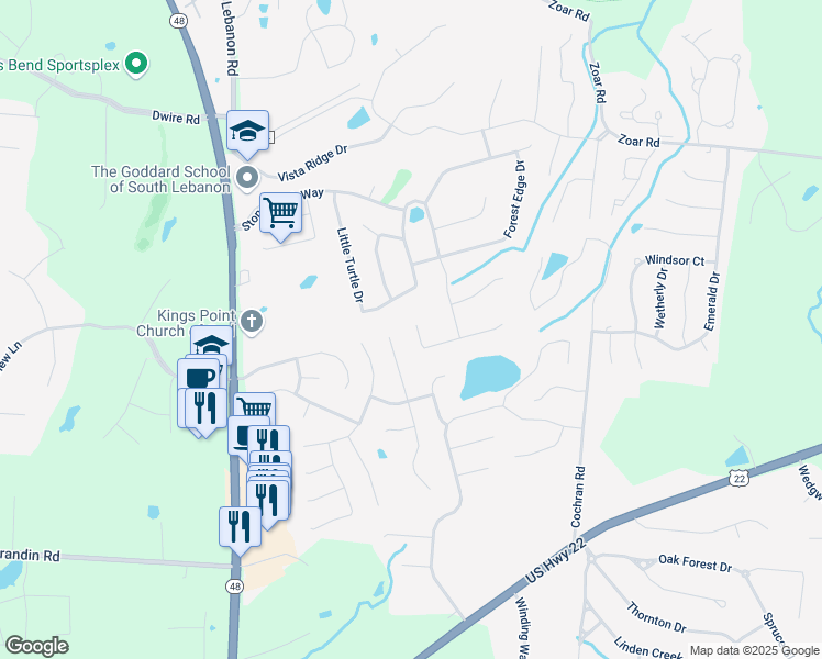 map of restaurants, bars, coffee shops, grocery stores, and more near 373 Old Willow Court in South Lebanon
