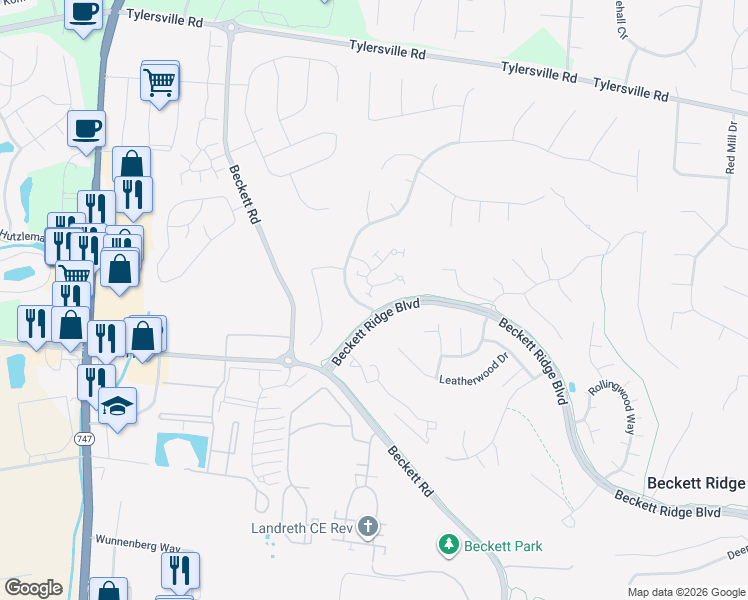 map of restaurants, bars, coffee shops, grocery stores, and more near 8103 Timbertree Way in Beckett Ridge