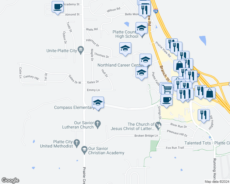 map of restaurants, bars, coffee shops, grocery stores, and more near 23 Emmy Lane in Platte City