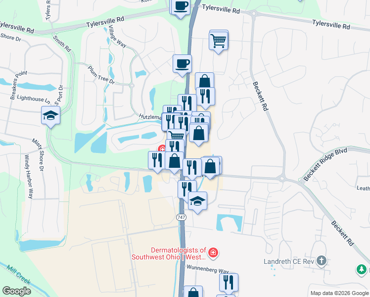 map of restaurants, bars, coffee shops, grocery stores, and more near 8238 Princeton Glendale Road in Beckett Ridge