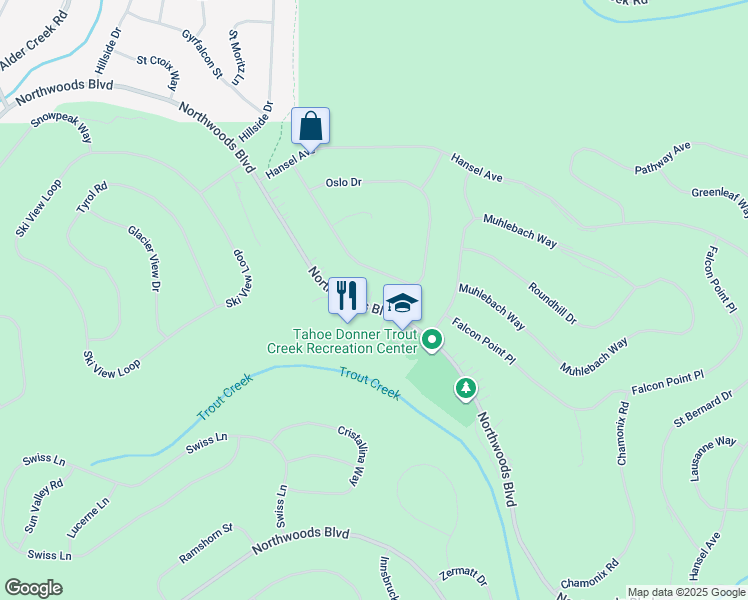 map of restaurants, bars, coffee shops, grocery stores, and more near 12796 Northwoods Boulevard in Truckee