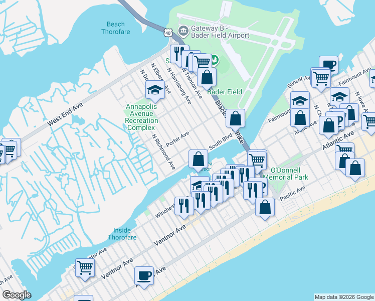 map of restaurants, bars, coffee shops, grocery stores, and more near 4117 South Boulevard in Atlantic City