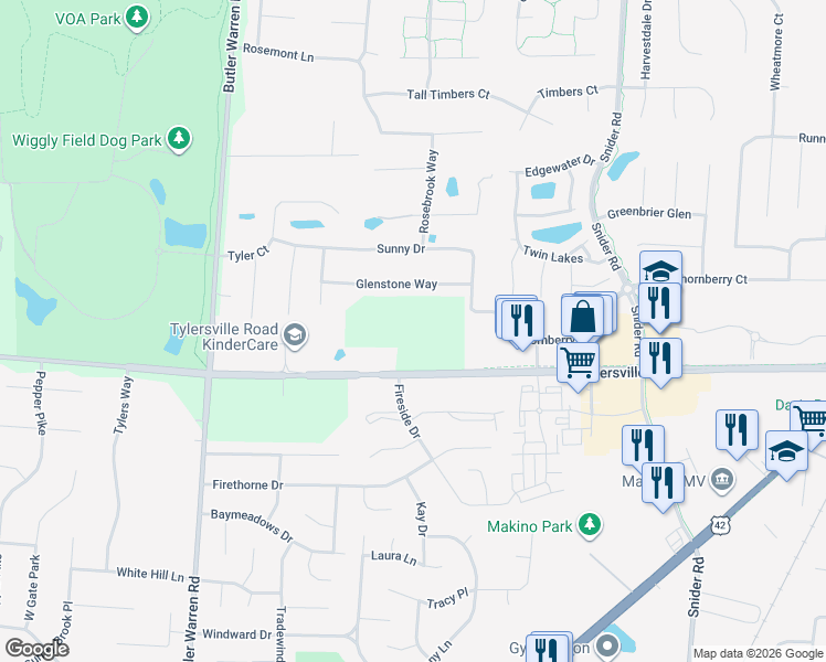 map of restaurants, bars, coffee shops, grocery stores, and more near 6606-6636 Tylersville Road in Mason