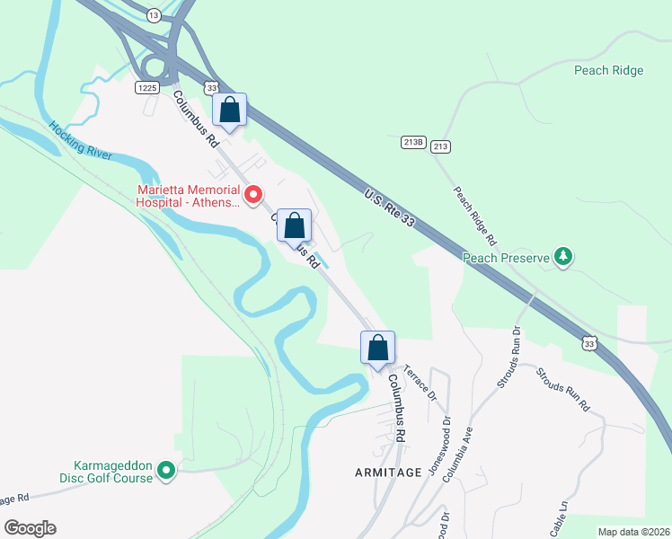 map of restaurants, bars, coffee shops, grocery stores, and more near 155 Columbus Road in Athens
