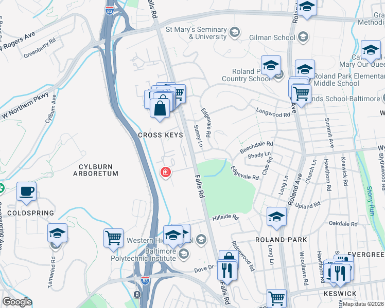 map of restaurants, bars, coffee shops, grocery stores, and more near Falls Road in Baltimore