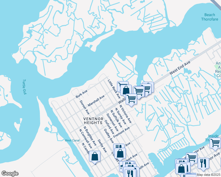 map of restaurants, bars, coffee shops, grocery stores, and more near 723 North Surrey Avenue in Ventnor City
