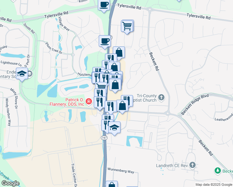 map of restaurants, bars, coffee shops, grocery stores, and more near 8192 Princeton Glendale Road in Beckett Ridge