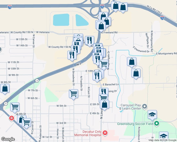 map of restaurants, bars, coffee shops, grocery stores, and more near 300 East 10th Street in Greensburg