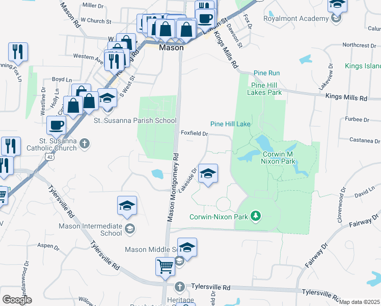 map of restaurants, bars, coffee shops, grocery stores, and more near 5950 Mason Montgomery Road in Mason