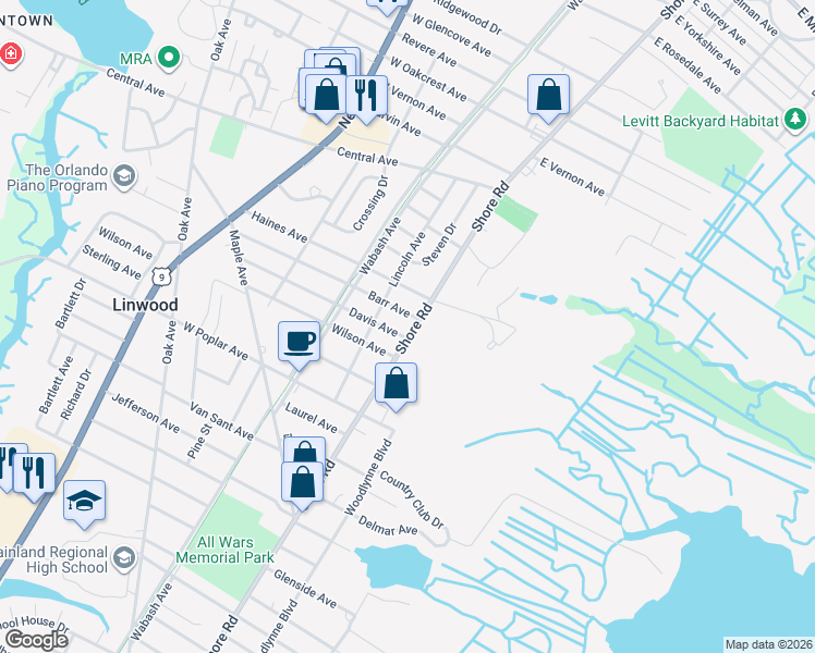 map of restaurants, bars, coffee shops, grocery stores, and more near 1 Davis Avenue in Linwood